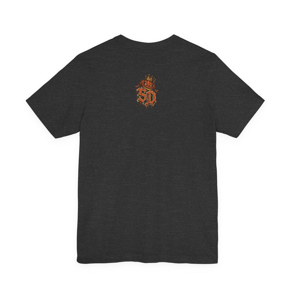 Pumpkin Kingpin Crew Tee product mockup featuring crowned jack-o'-lantern kingpin and crew artwork