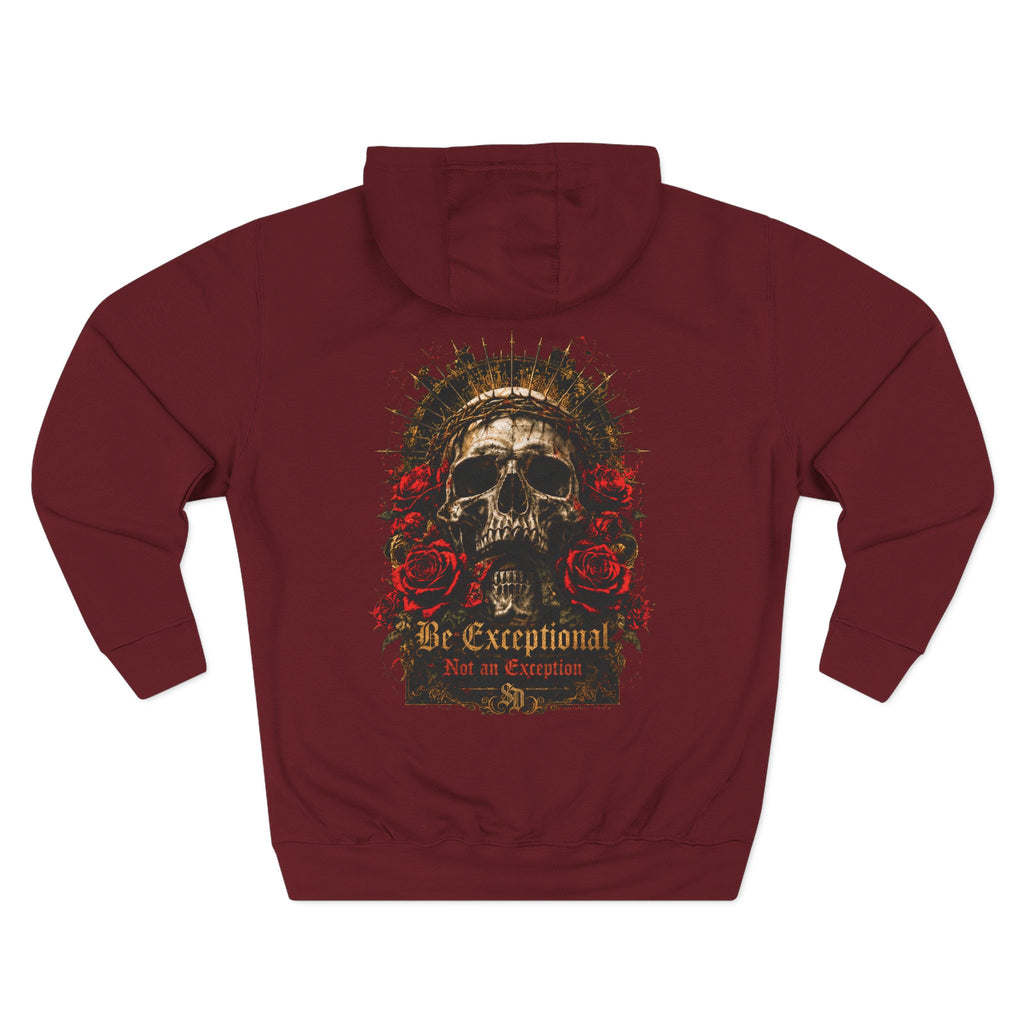 Gothic Skull Crest Fleece Hoodie maroon back flat-lay — Be Exceptional Not an Exception gothic skull gold thorn crown halo red roses SD monogram full back graphic