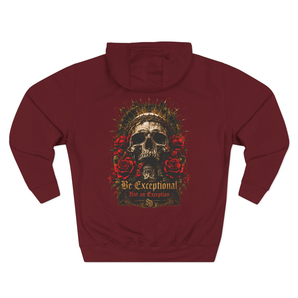 Gothic Skull Crest Fleece Hoodie maroon back flat-lay — Be Exceptional Not an Exception gothic skull gold thorn crown halo red roses SD monogram full back graphic