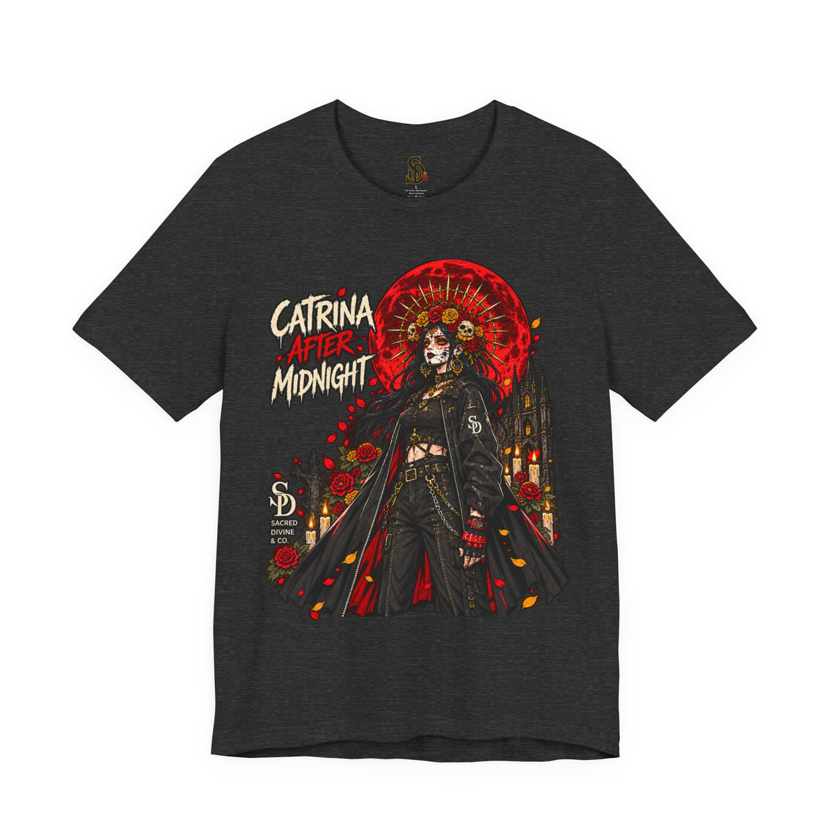 Catrina After Midnight Tee product mockup with Catrina sugar-skull artwork, crimson roses, and red sun