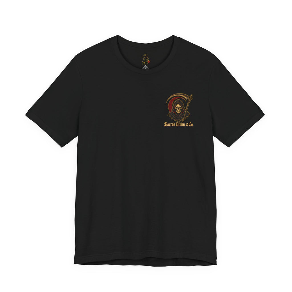 Grim Reaper Graphic Tee black front flat-lay — Grim Reaper skull scythe red circle Sacred Divine & Co. left chest graphic