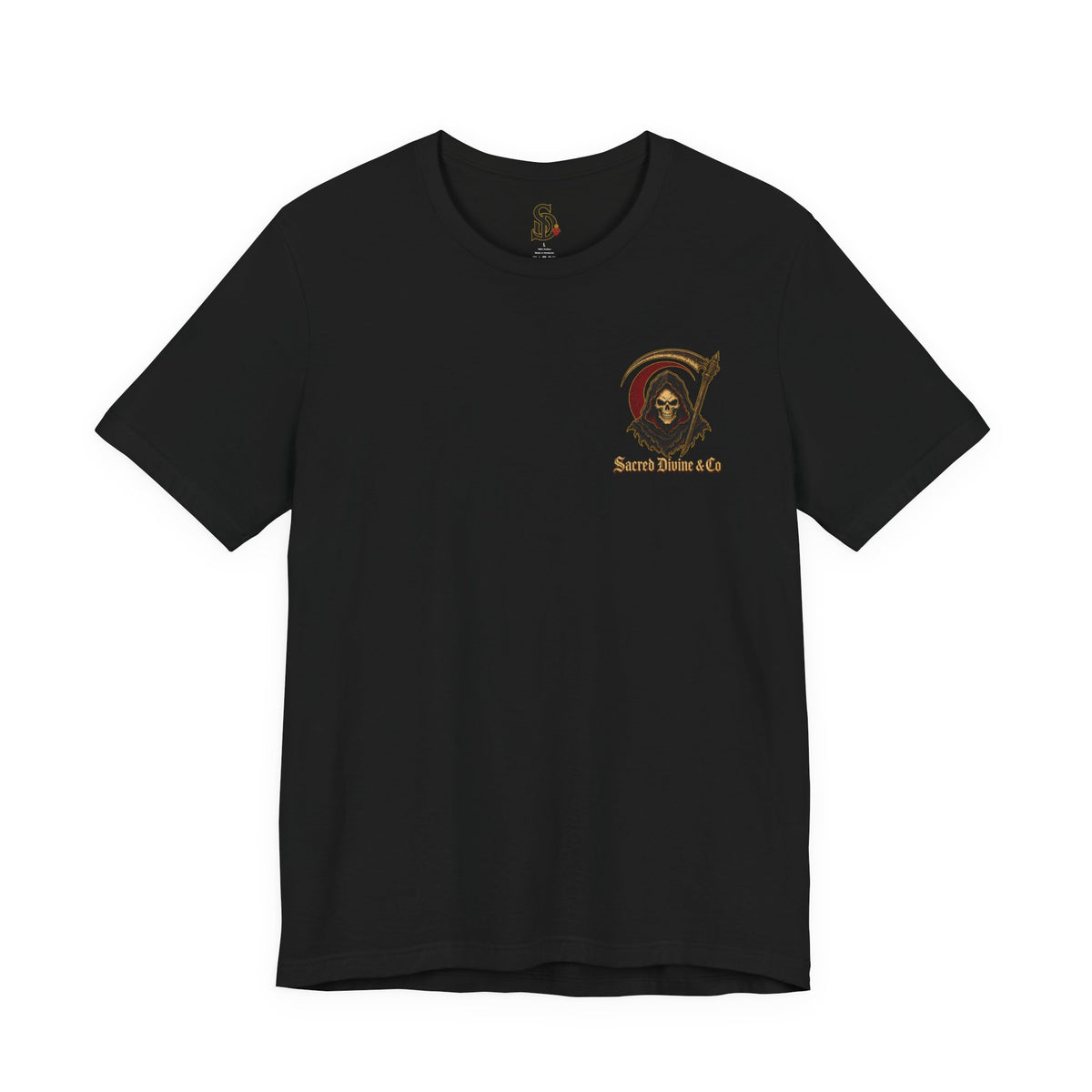 Grim Reaper Graphic Tee black front flat-lay — Grim Reaper skull scythe red circle Sacred Divine & Co. left chest graphic