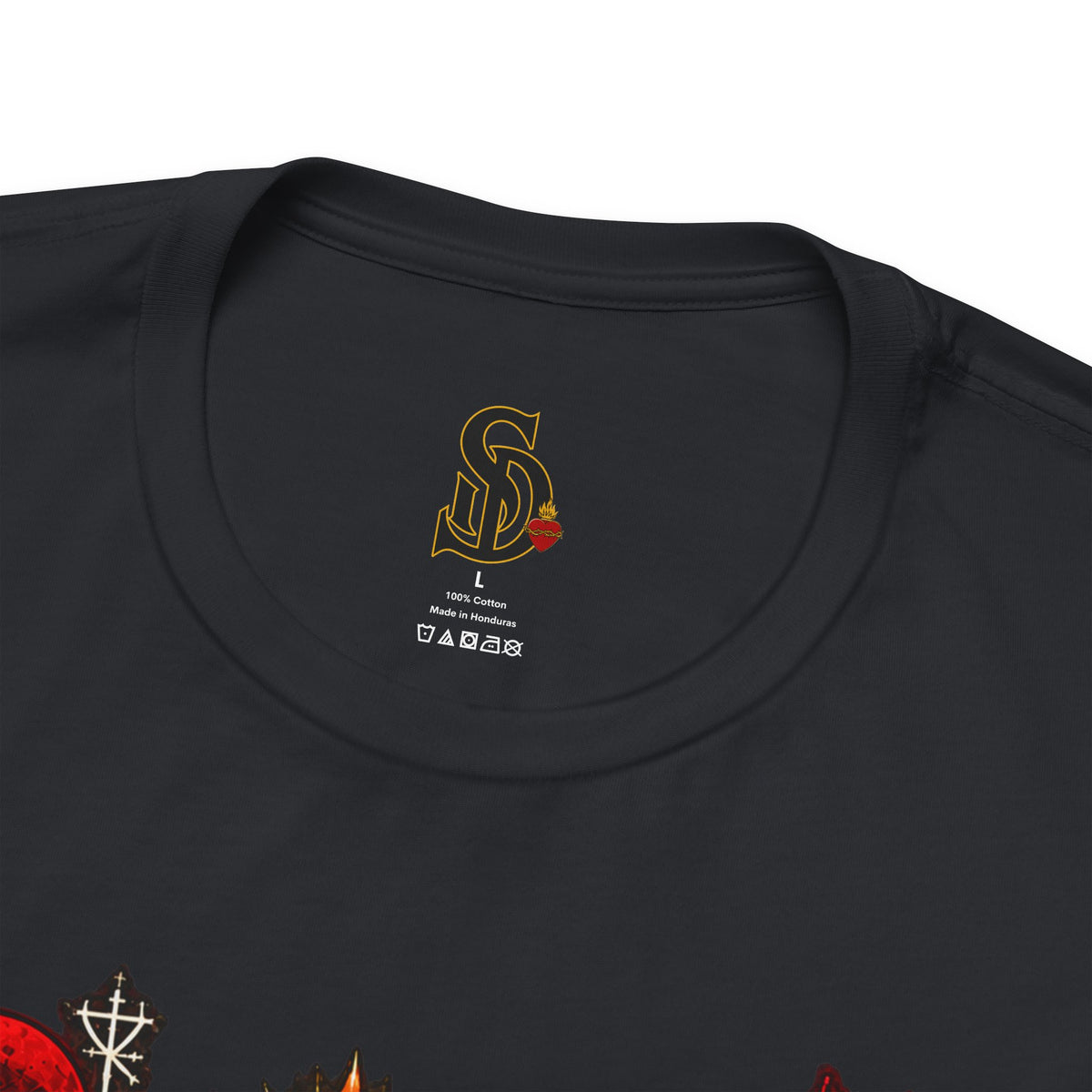 Day of the Dead Gothic Tee product mockup with skeletal Day of the Dead artwork and red accents