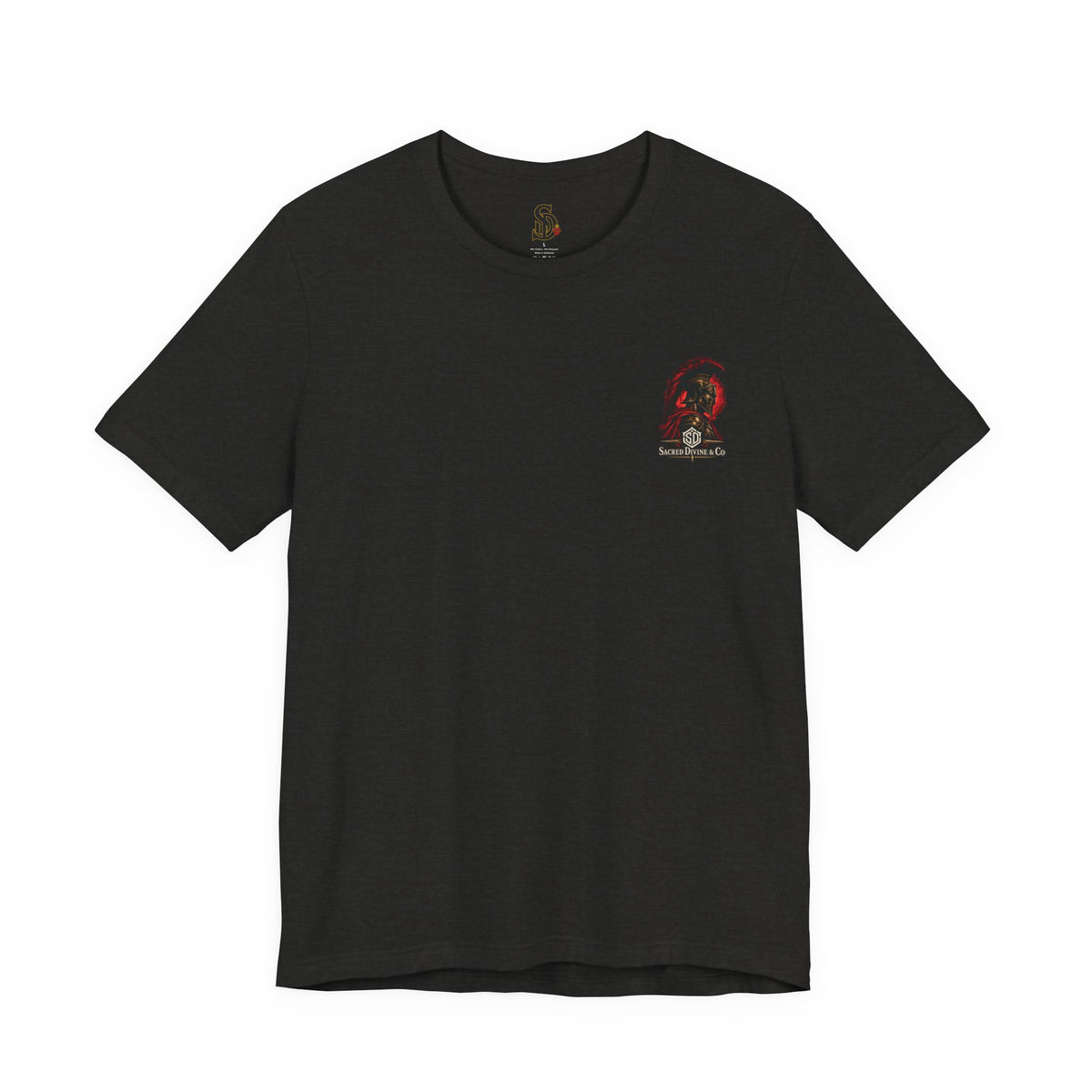 Spartan Warrior Tee black heather front flat-lay — Spartan helmet bust Sacred Divine & Co. left chest graphic