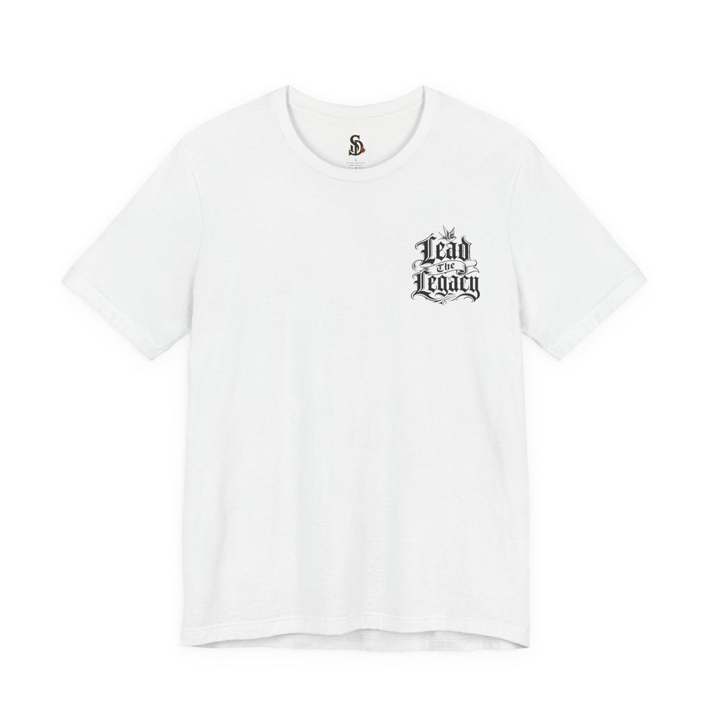 Lead the Legacy Graphic Tee solid white blend front flat-lay — Lead the Legacy gothic script left chest pocket logo