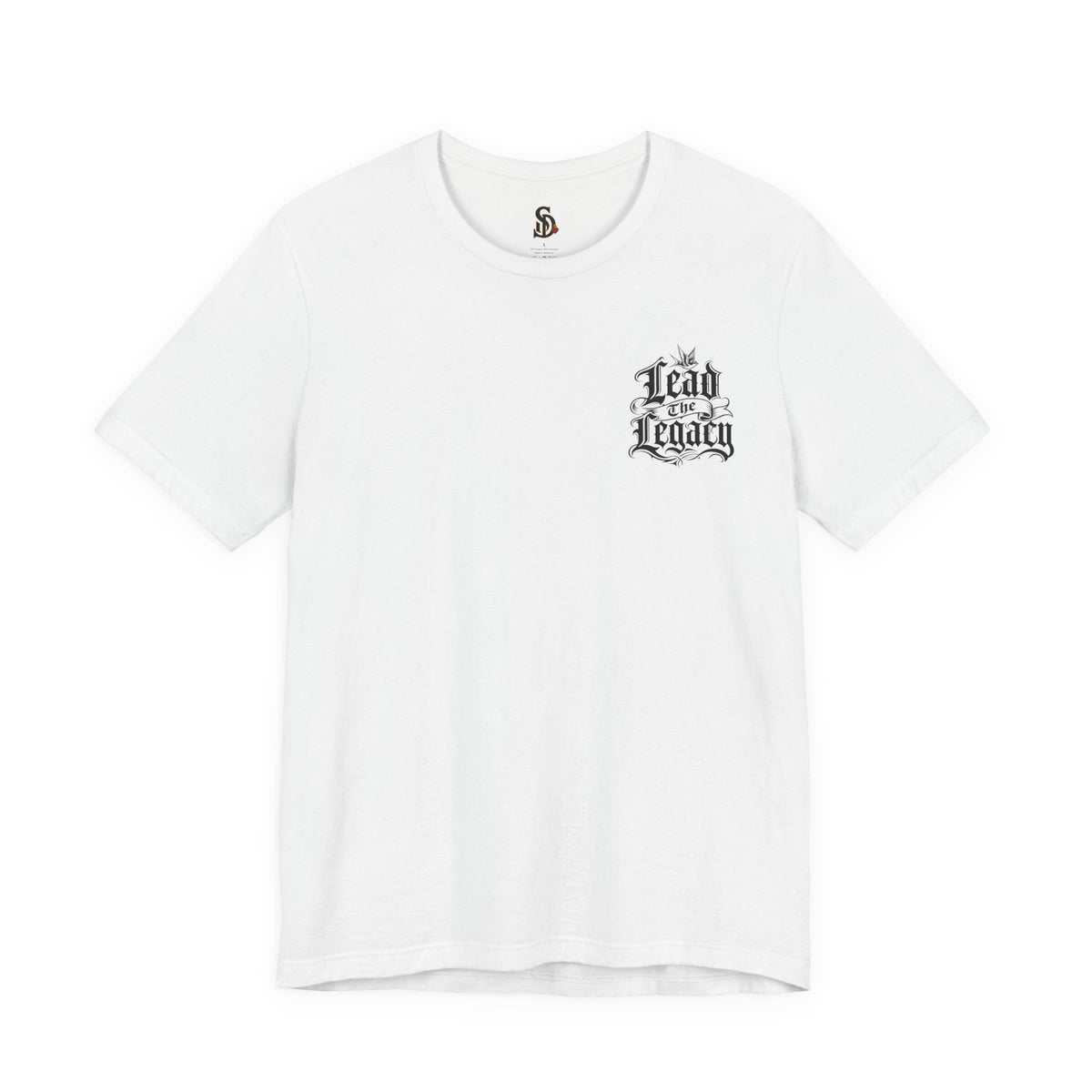 Lead the Legacy Graphic Tee solid white blend front flat-lay — Lead the Legacy gothic script left chest pocket logo
