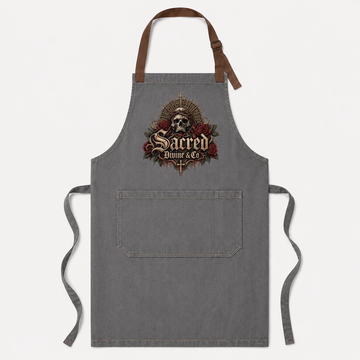Sacred Divine & Co. Gothic Skull Crest Bib Apron — Dark Luxury Kitchen & Grill Apron