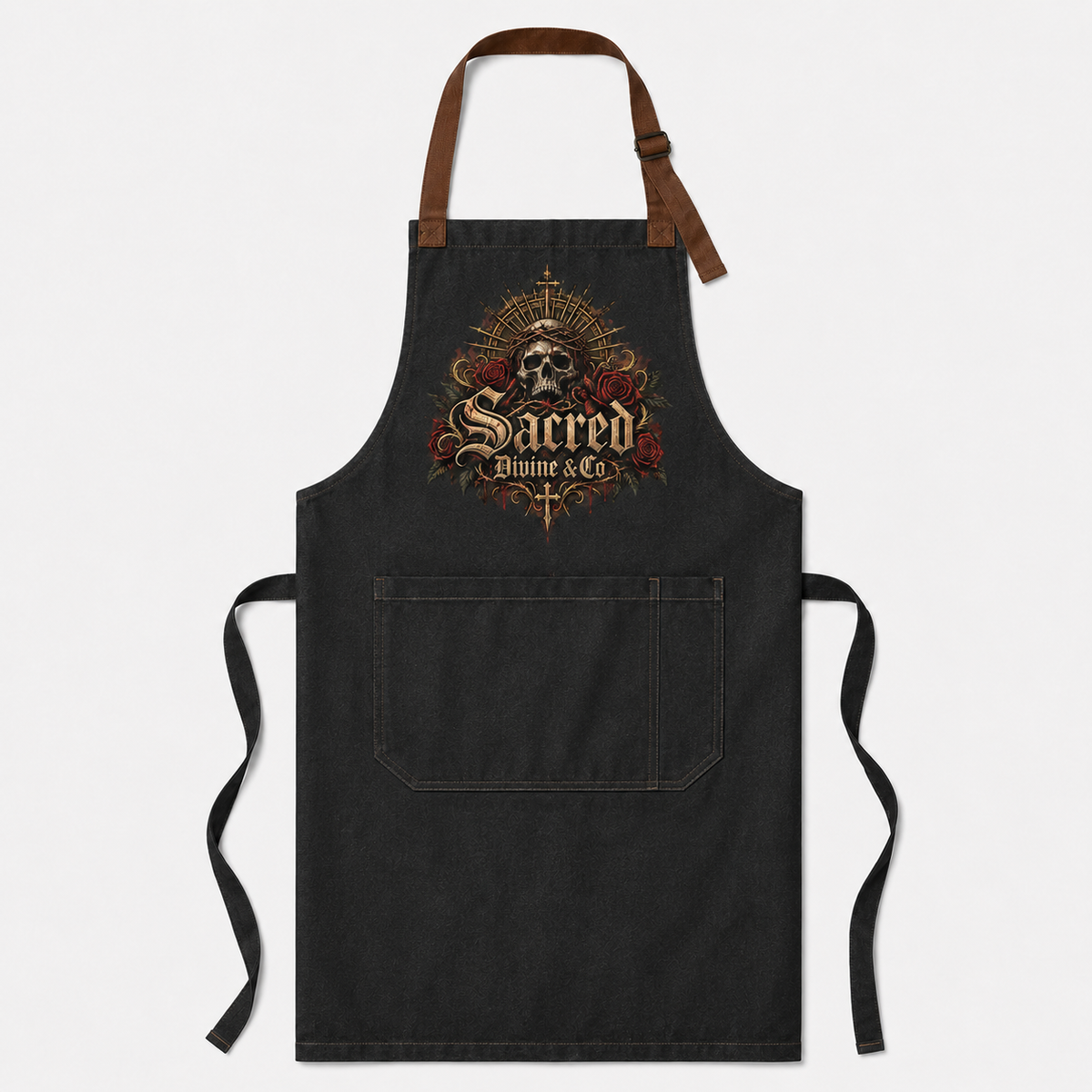 Sacred Divine & Co. Gothic Skull Crest Bib Apron — Dark Luxury Kitchen & Grill Apron