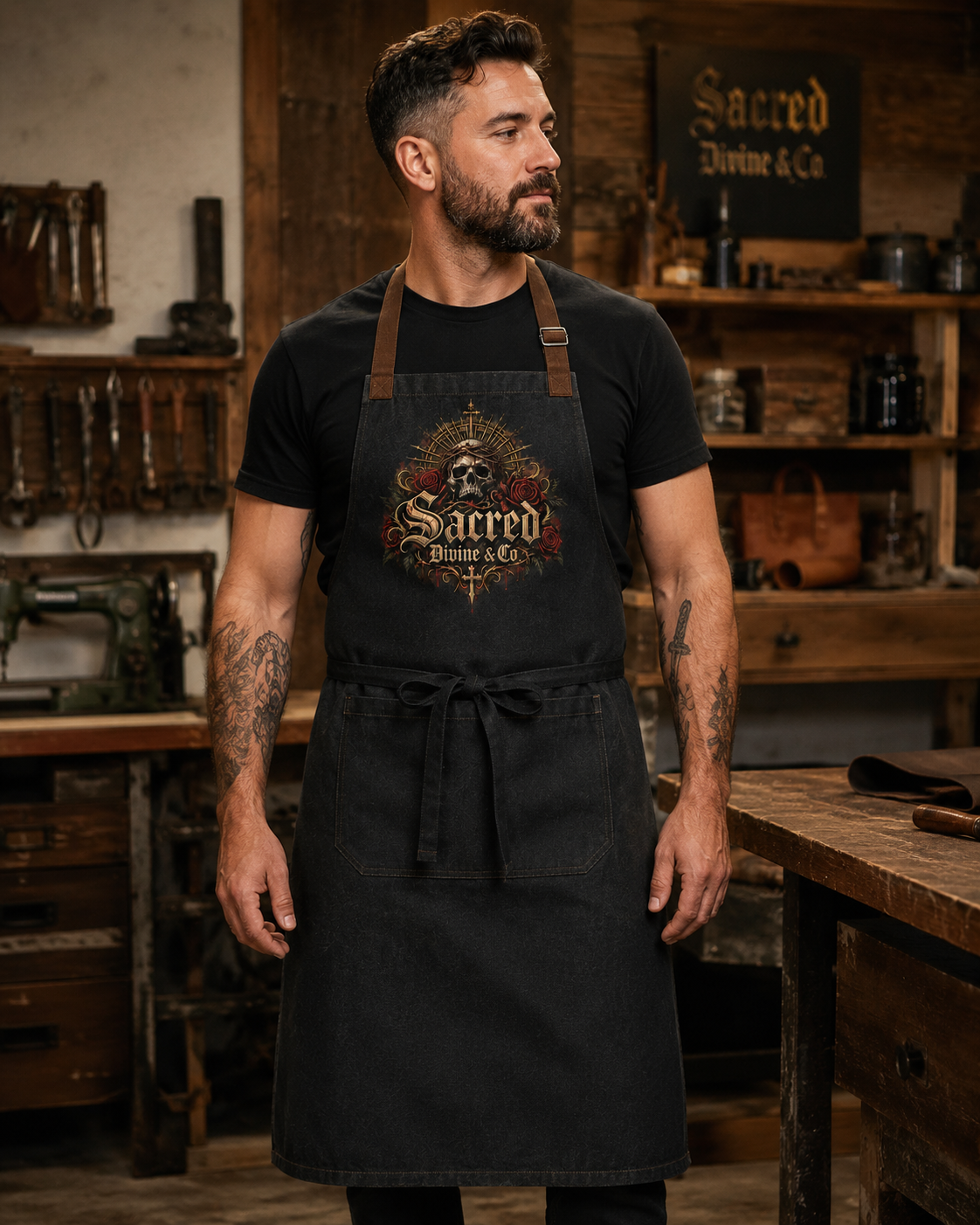 Sacred Divine & Co. Gothic Skull Crest Bib Apron — Dark Luxury Kitchen & Grill Apron
