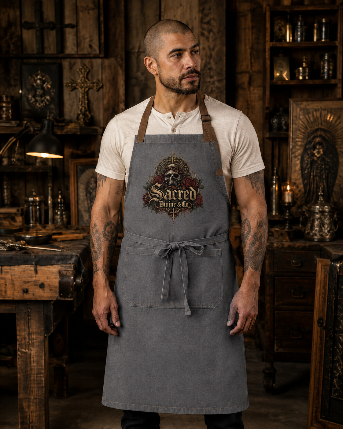Sacred Divine & Co. Gothic Skull Crest Bib Apron — Dark Luxury Kitchen & Grill Apron