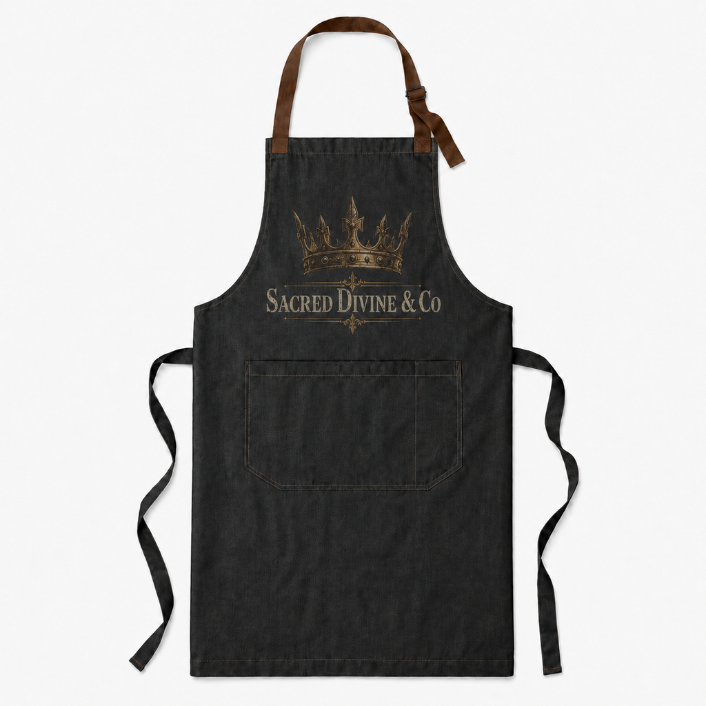 Sacred Divine & Co. Gold Crown Logo Bib Apron — Dark Luxury Kitchen & Grill Apron
