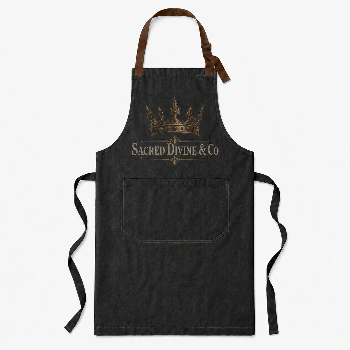 Sacred Divine & Co. Gold Crown Logo Bib Apron — Dark Luxury Kitchen & Grill Apron