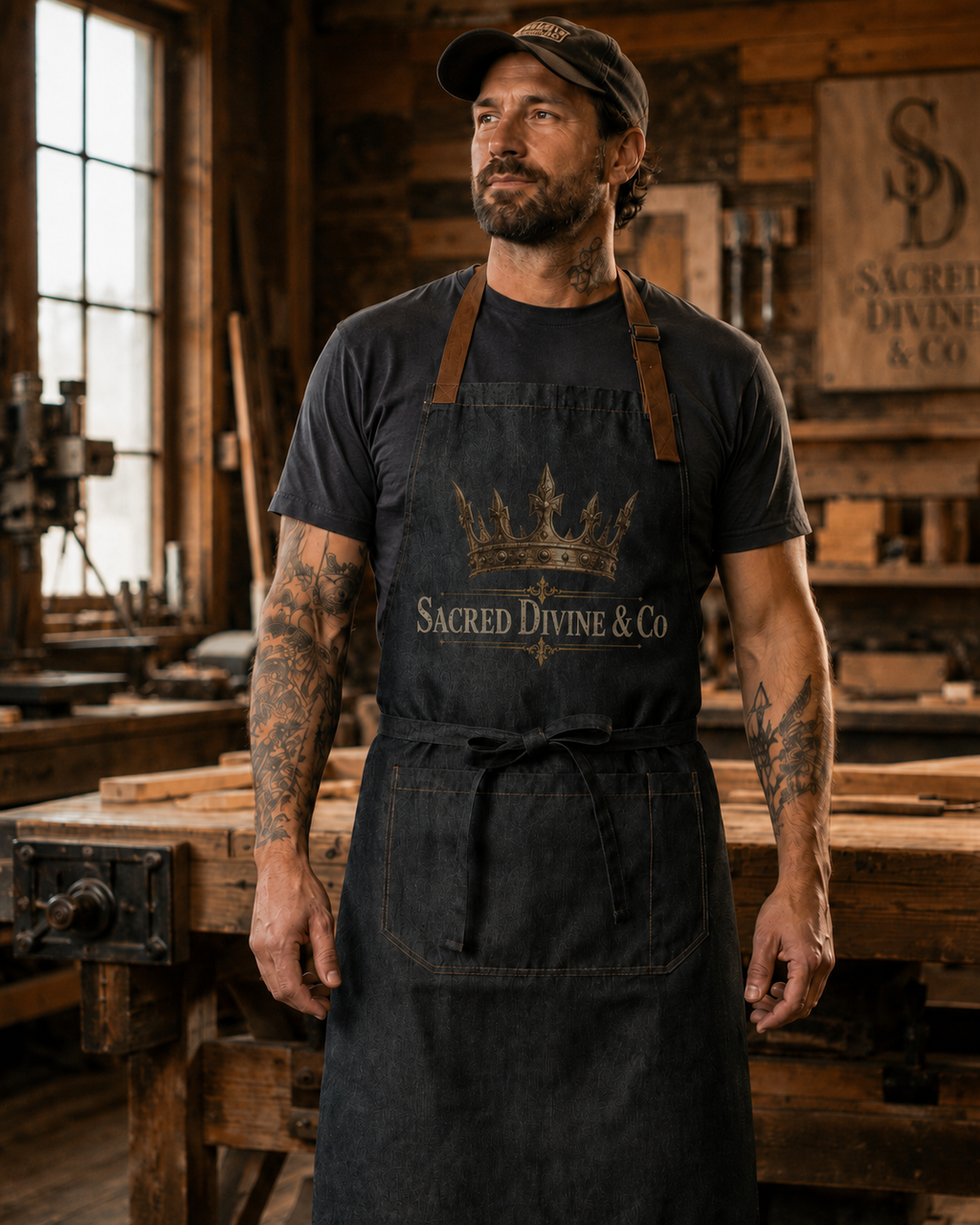 Sacred Divine & Co. Gold Crown Logo Bib Apron — Dark Luxury Kitchen & Grill Apron