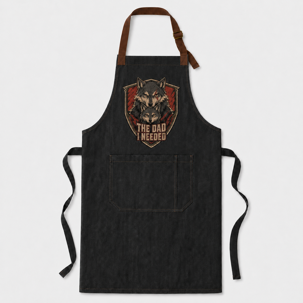 Sacred Divine & Co. Wolf Pack Shield Bib Apron — The Dad I Needed Dark Luxury Grill Apron