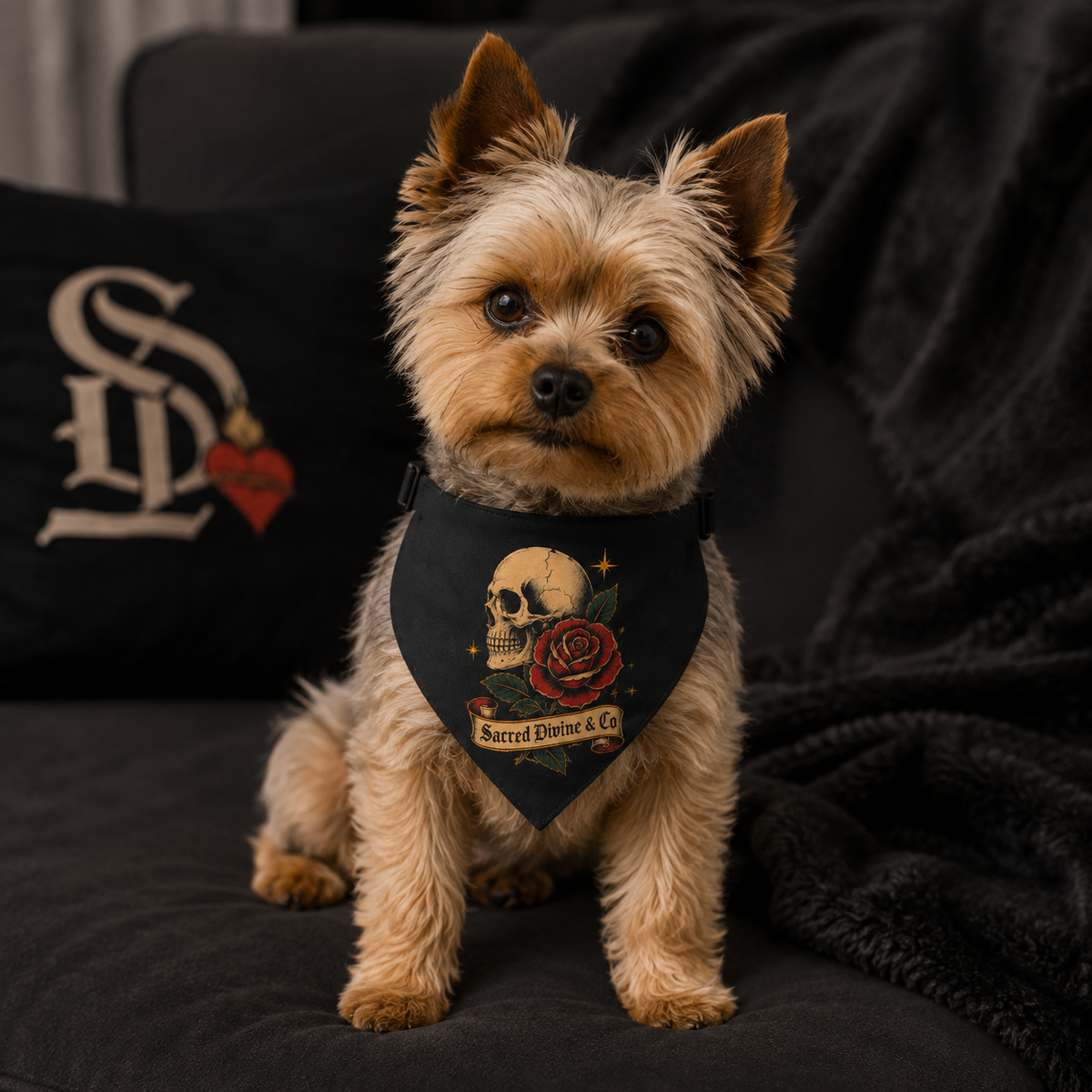 Sacred Divine & Co. Skull & Rose Clip-on Pet Bandana — Gothic Dark Luxury Dog Accessory