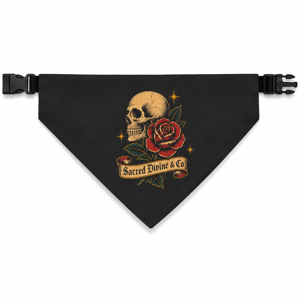 Sacred Divine & Co. Skull & Rose Clip-on Pet Bandana — Gothic Dark Luxury Dog Accessory