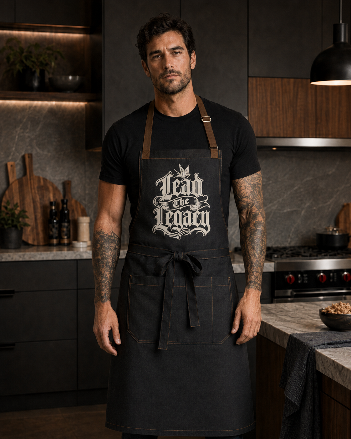 Sacred Divine & Co. Lead the Legacy Gothic Crest Bib Apron — Dark Luxury Kitchen & Grill