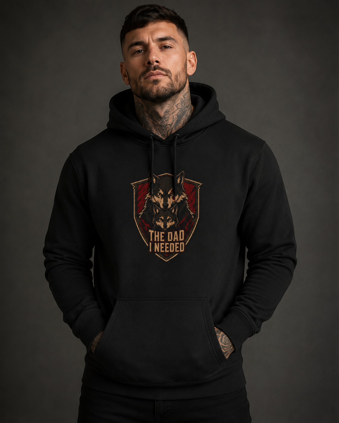 Viking Wolf Hoodie black front flat-lay — wolf pack shield crest with The Dad I Needed center chest graphic