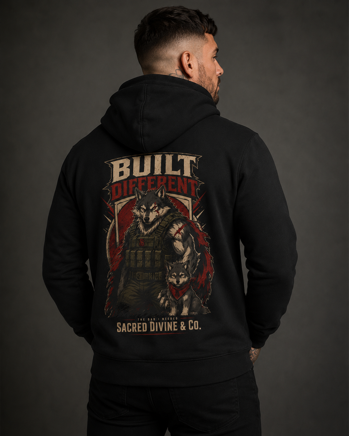 Viking Wolf Hoodie black back lifestyle — model wearing hoodie with Built Different armored wolf and wolf pup The Dad I Needed Sacred Divine & Co. full back graphic