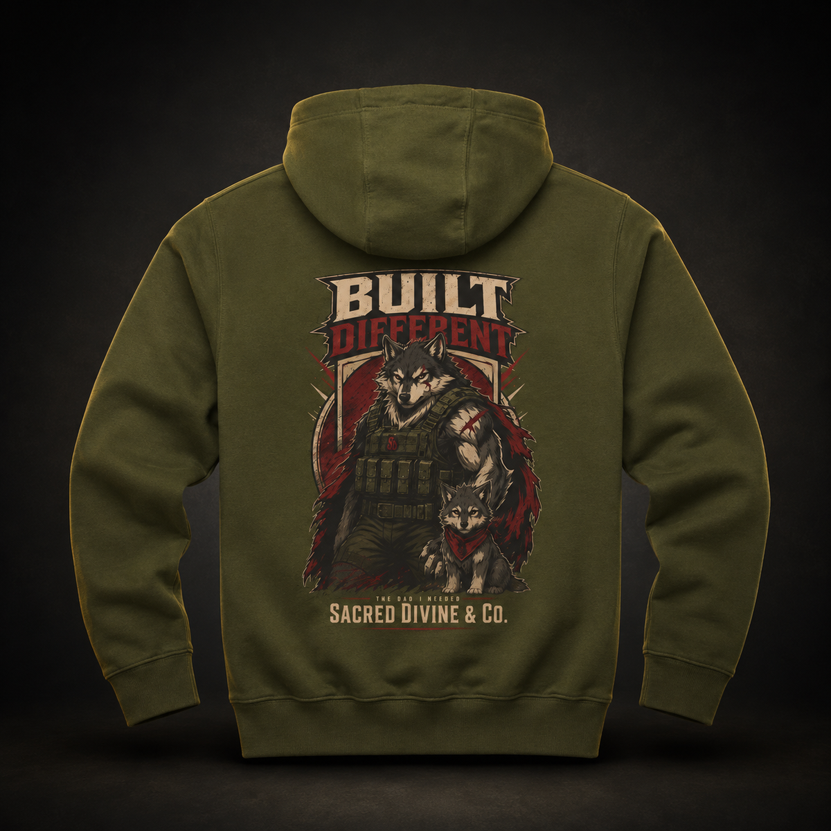 Viking Wolf Hoodie army green back flat-lay — Built Different armored wolf and wolf pup The Dad I Needed Sacred Divine & Co. full back graphic