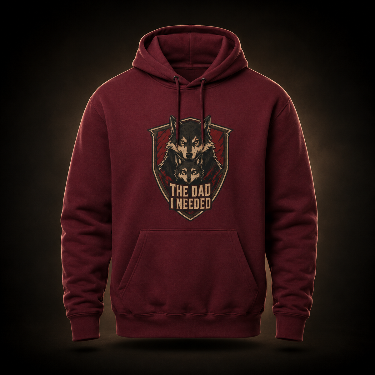 Viking Wolf Hoodie burgundy front flat-lay — wolf pack shield crest with The Dad I Needed center chest graphic