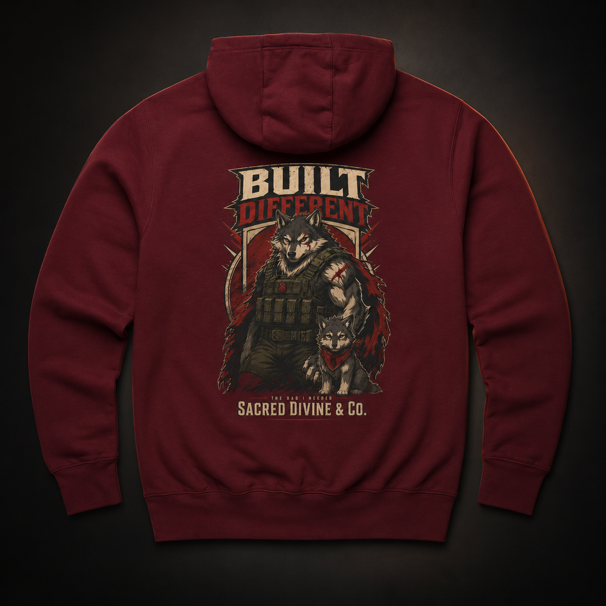 Viking Wolf Hoodie burgundy back flat-lay — Built Different armored wolf and wolf pup The Dad I Needed Sacred Divine & Co. full back graphic