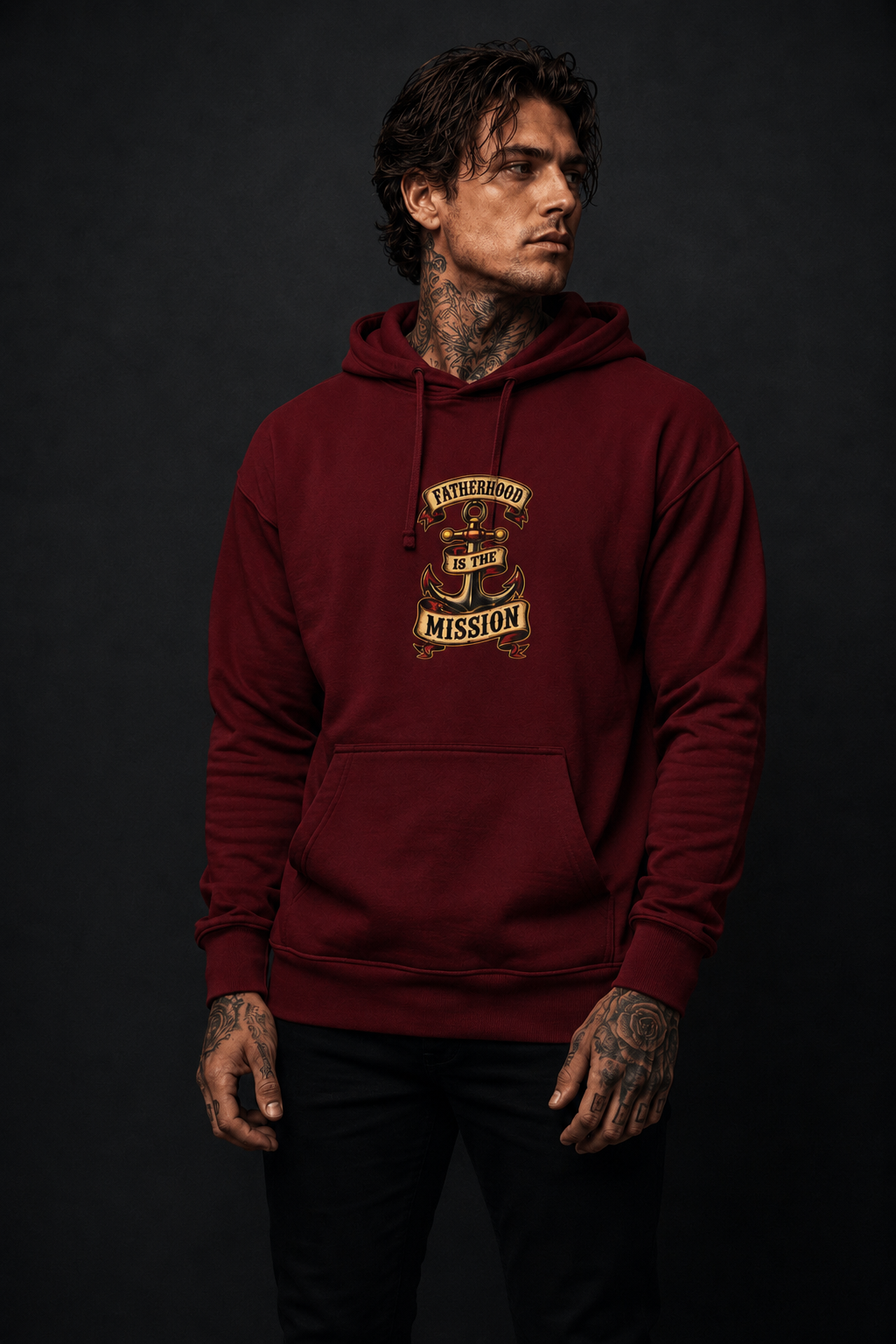 Fatherhood Anchor Hoodie burgundy front lifestyle — model wearing hoodie with The Dad I Needed vintage anchor center chest graphic