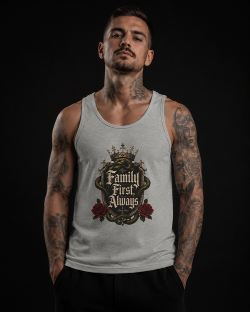 Family First Always Tank athletic heather front lifestyle — model wearing tank with Family First Always gothic crown crest with snake and red roses center graphic