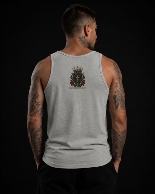 Family First Always Tank athletic heather back lifestyle — model wearing tank with gothic crown crest and Sacred Divine & Co. wordmark upper back graphic