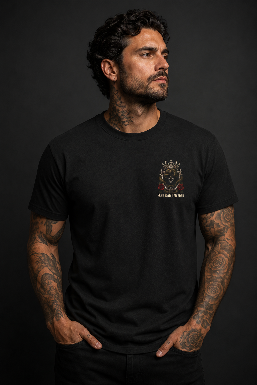 Family First Always Tee black front lifestyle —model wearing tee with Family First Always gothic crest left chest graphic