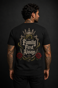 Family First Always Tee black back lifestyle — model wearing tee with Family First Always gothic crest full back graphic and Sacred Divine & Co. wordmark