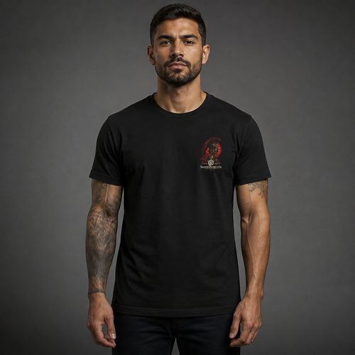 Spartan Warrior Tee black front lifestyle — model wearing tee with Spartan helmet bust Sacred Divine & Co. left chest graphic
