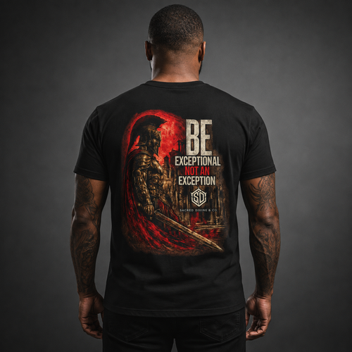 Spartan Warrior Tee black back lifestyle — model wearing tee with Be Exceptional Not An Exception armored Spartan warrior Sacred Divine & Co. full back graphic