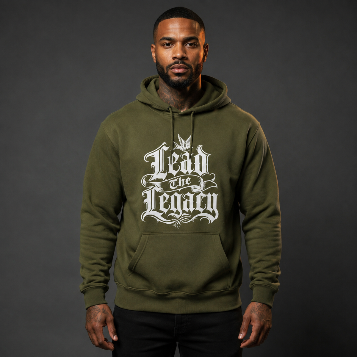 Lead the Legacy Hoodie army green front lifestyle — model wearing hoodie with Lead the Legacy gothic script center chest graphic