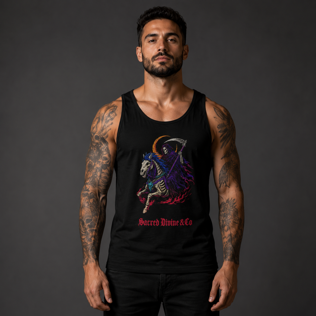 Grim Reaper Pegasus Tank black front lifestyle — model wearing tank with Grim Reaper riding skeleton horse scythe crescent moon Sacred Divine & Co. center graphic