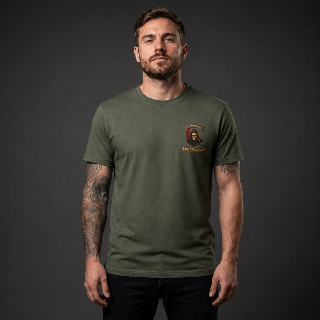 Grim Reaper Graphic Tee military green front lifestyle — model wearing tee with Grim Reaper skull scythe red circle Sacred Divine & Co. left chest graphic