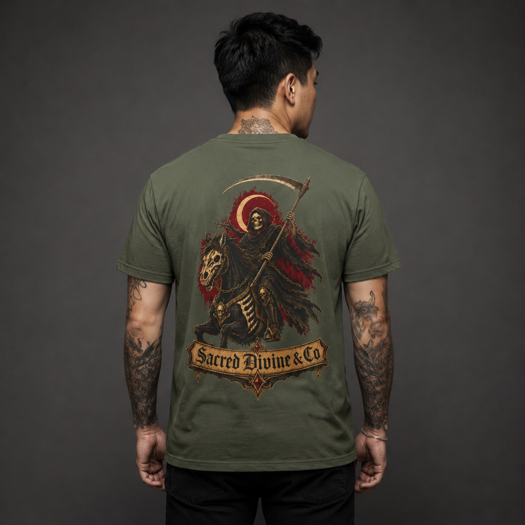 Grim Reaper Graphic Tee military green back lifestyle — model wearing tee with Grim Reaper on skeleton horse scythe crescent moon Sacred Divine & Co. scroll banner full back graphic