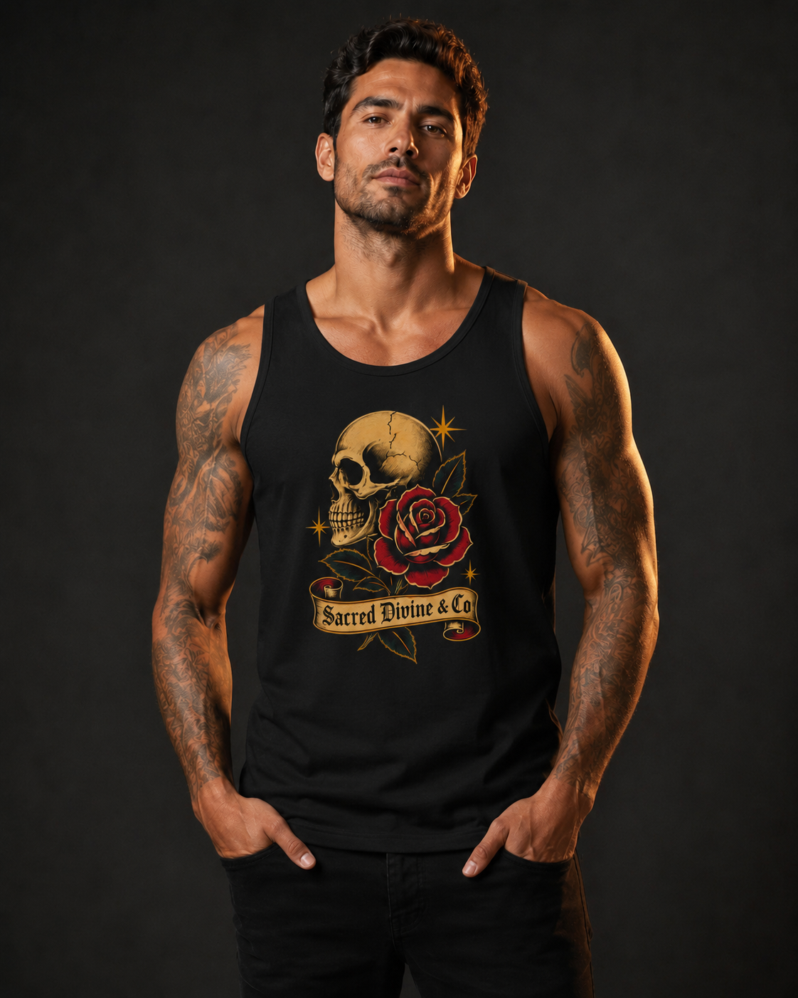 Skull & Rose Jersey Tank black front lifestyle — model wearing tank with vintage tattoo skull red rose gold stars Sacred Divine & Co. scroll banner center graphic