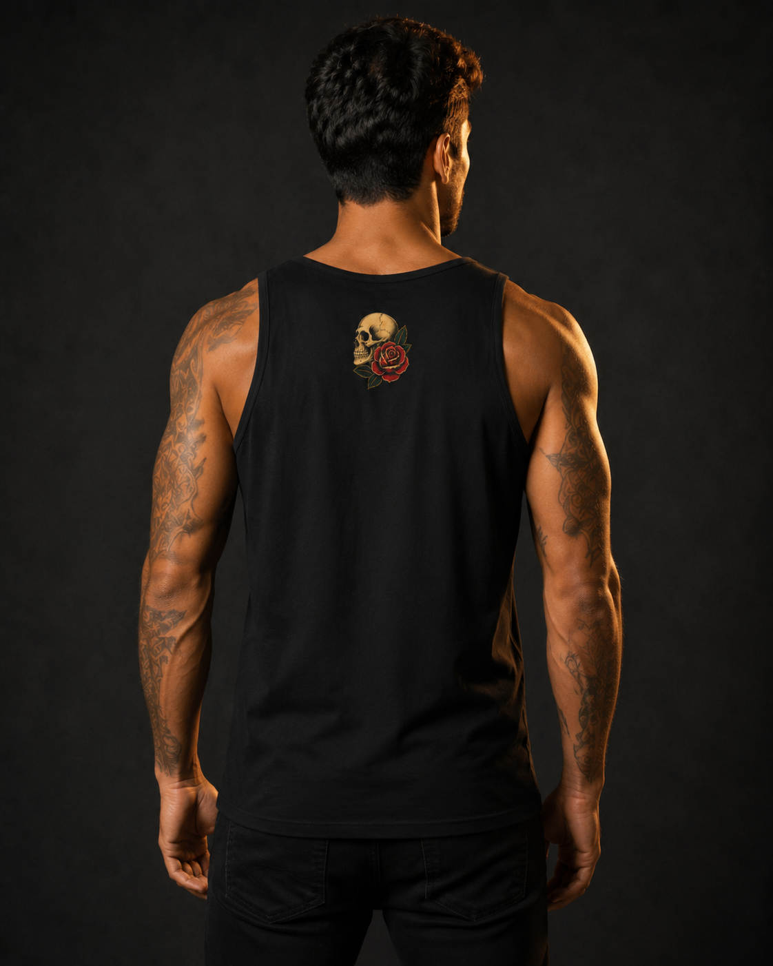 Skull & Rose Jersey Tank black back lifestyle — model wearing tank showing skull and rose small back graphic Sacred Divine & Co.