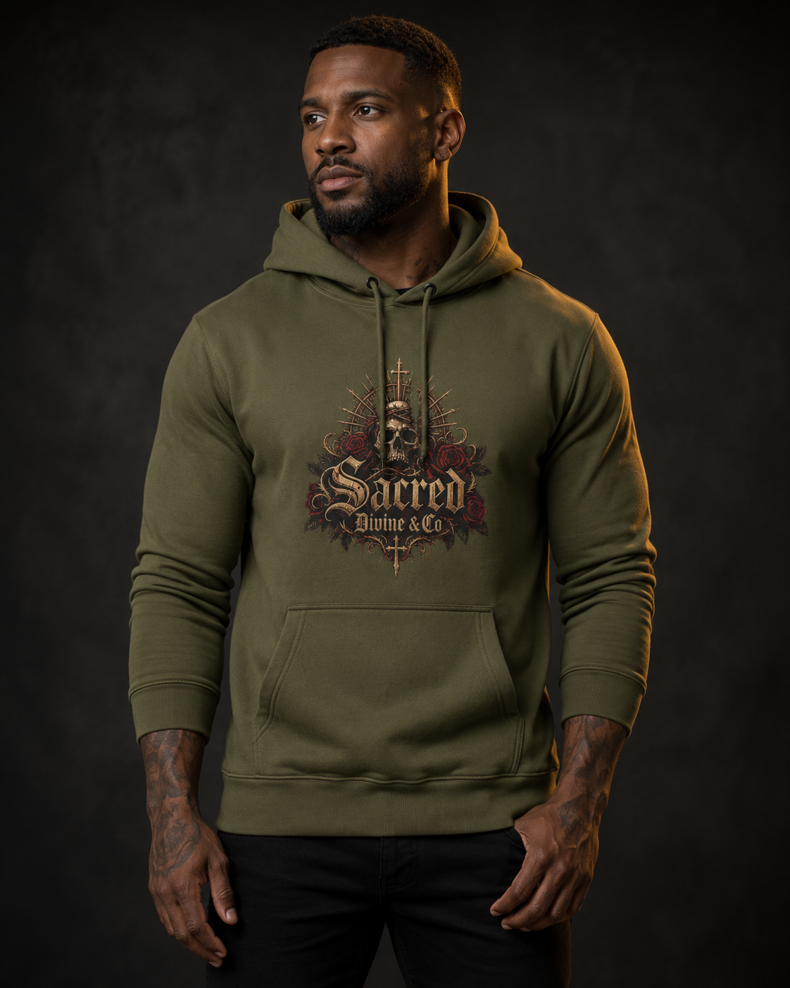 Gothic Skull Crest Fleece Hoodie army green front flat-lay — gothic skull gold crown crest red roses Sacred Divine & Co. gothic script center chest graphic