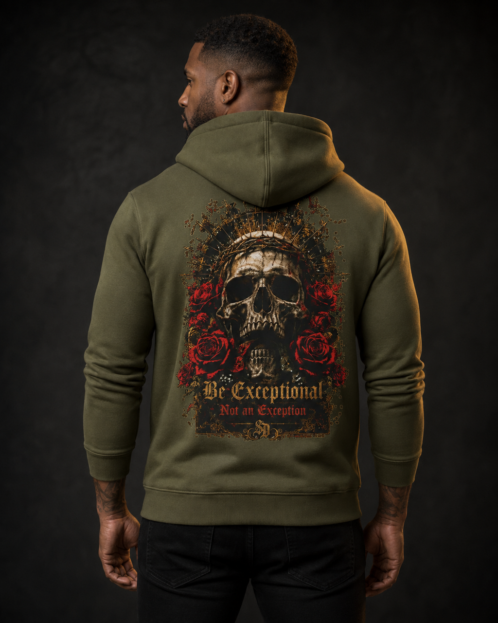 Gothic Skull Crest Fleece Hoodie army green back flat-lay — Be Exceptional Not an Exception gothic skull gold thorn crown halo red roses SD monogram full back graphic