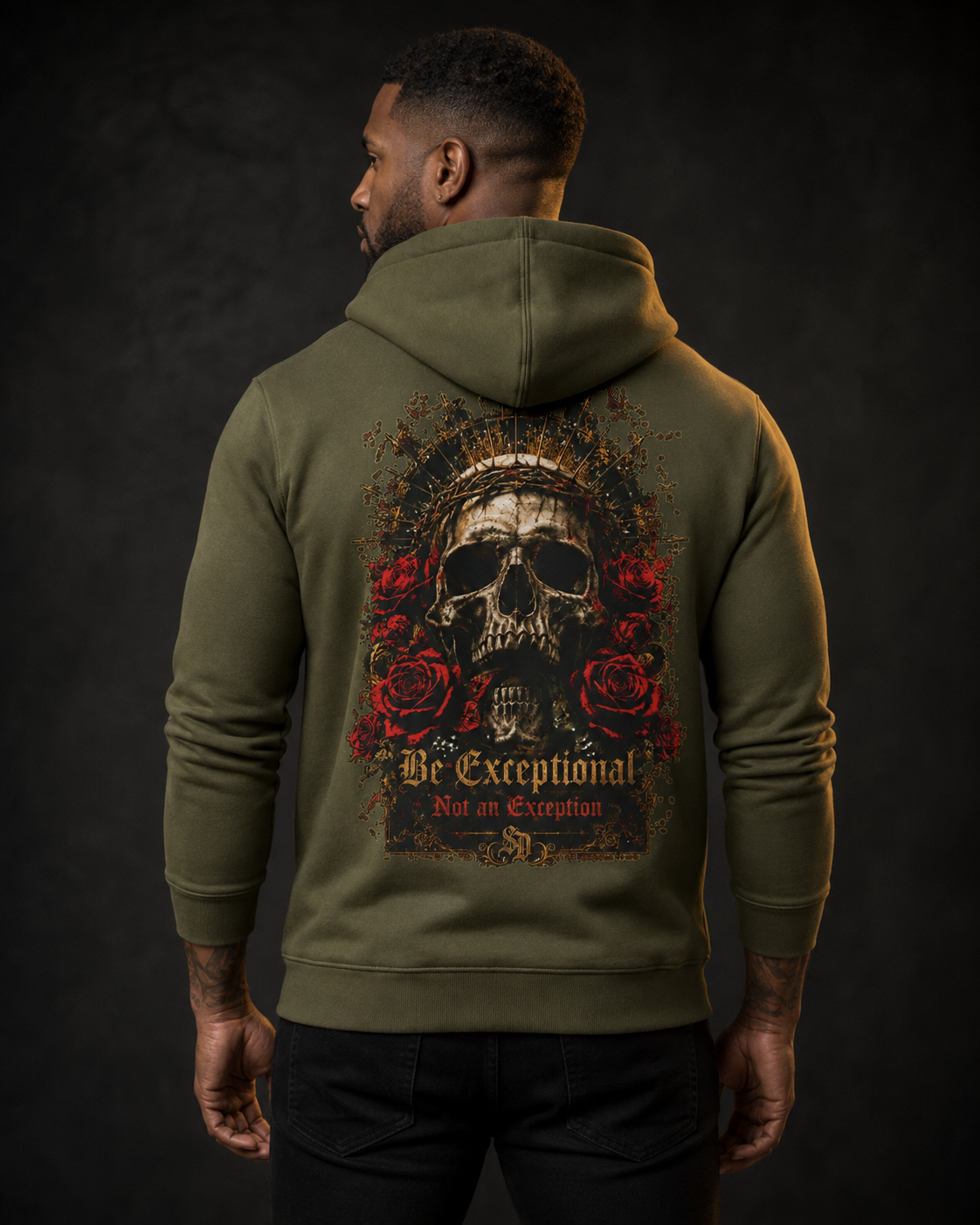 Gothic Skull Crest Fleece Hoodie army green back flat-lay — Be Exceptional Not an Exception gothic skull gold thorn crown halo red roses SD monogram full back graphic