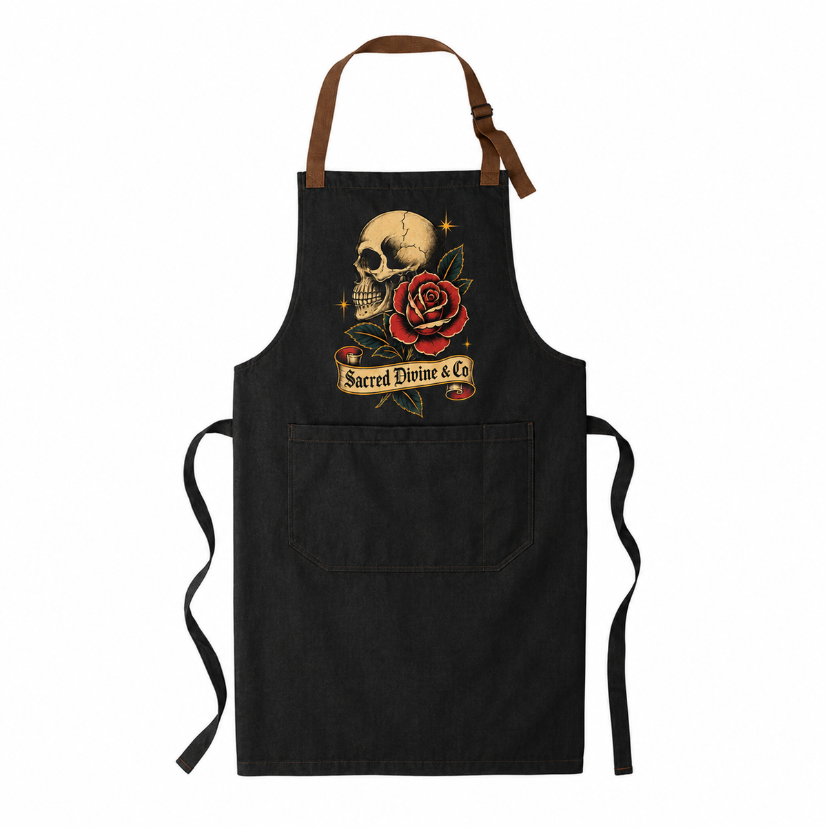 Sacred Divine & Co. Skull & Rose Bib Apron — Vintage Tattoo Dark Luxury Grill Apron