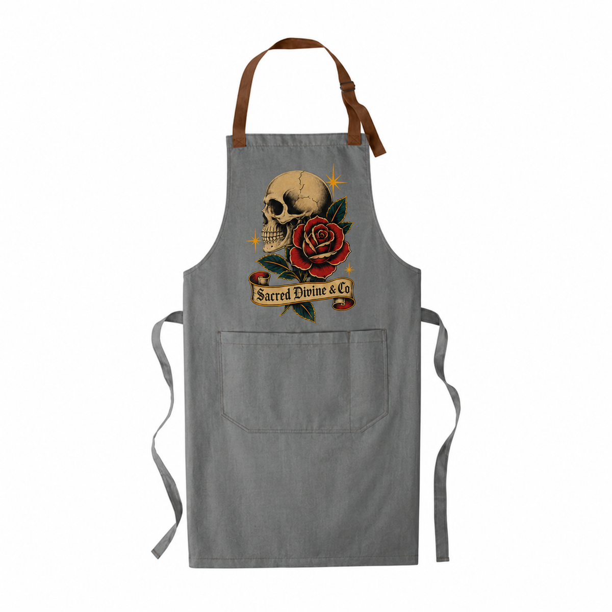 Sacred Divine & Co. Skull & Rose Bib Apron — Vintage Tattoo Dark Luxury Grill Apron