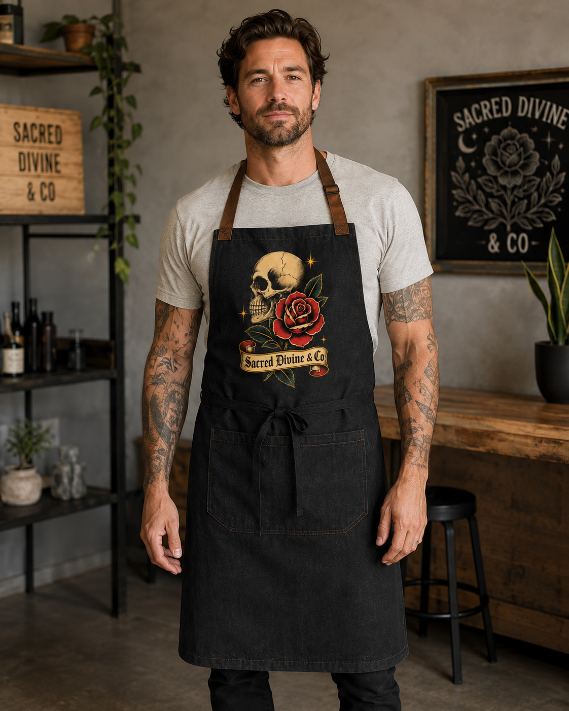 Sacred Divine & Co. Skull & Rose Bib Apron — Vintage Tattoo Dark Luxury Grill Apron