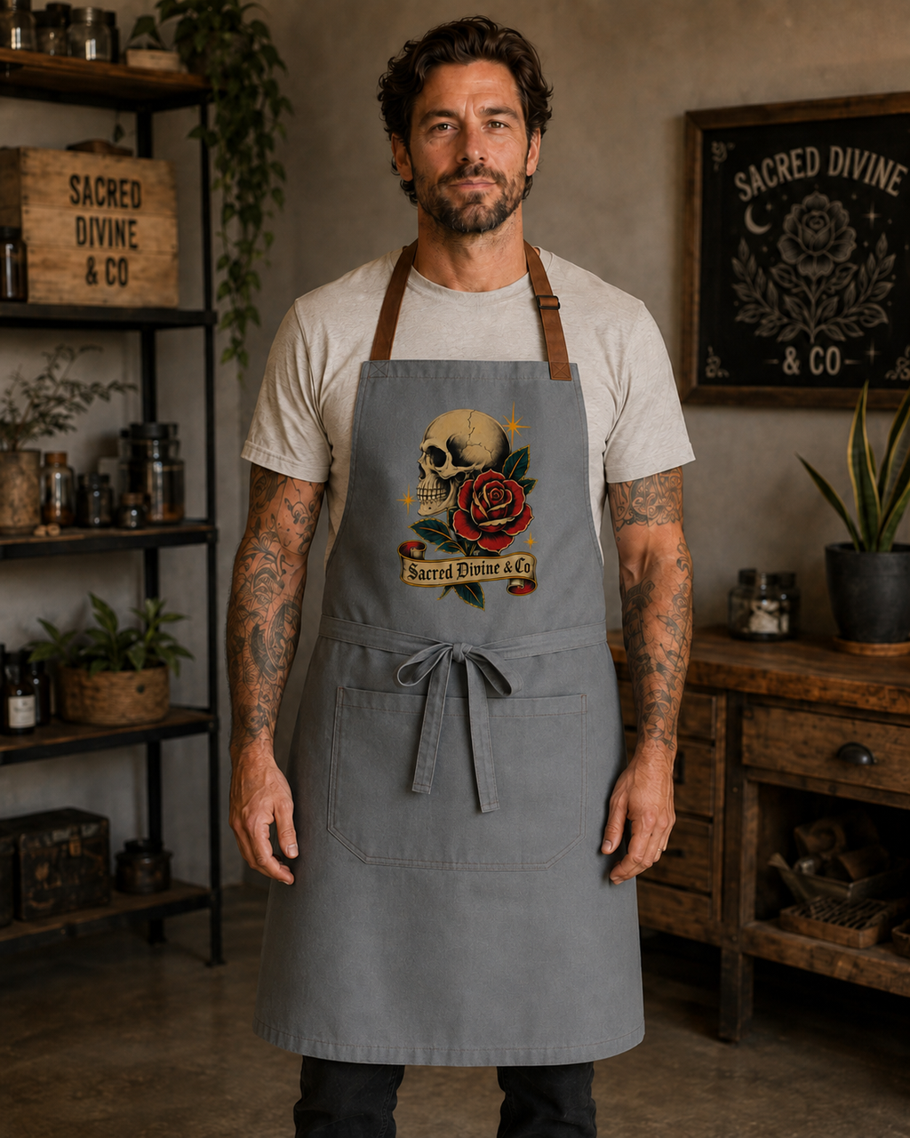 Sacred Divine & Co. Skull & Rose Bib Apron — Vintage Tattoo Dark Luxury Grill Apron