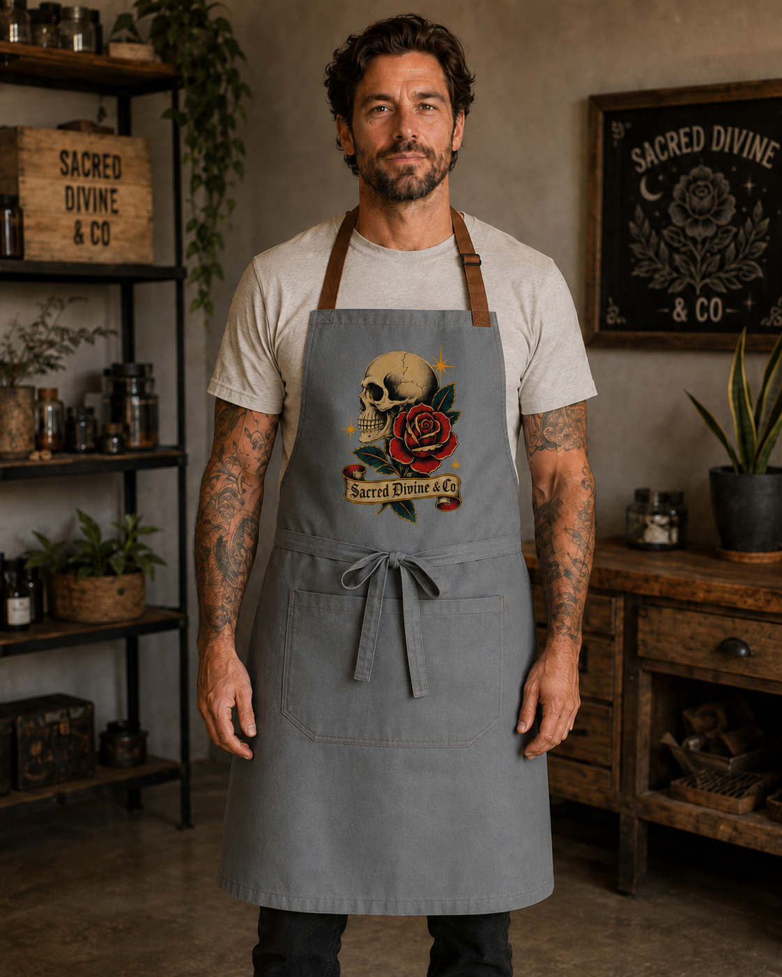 Sacred Divine & Co. Skull & Rose Bib Apron — Vintage Tattoo Dark Luxury Grill Apron