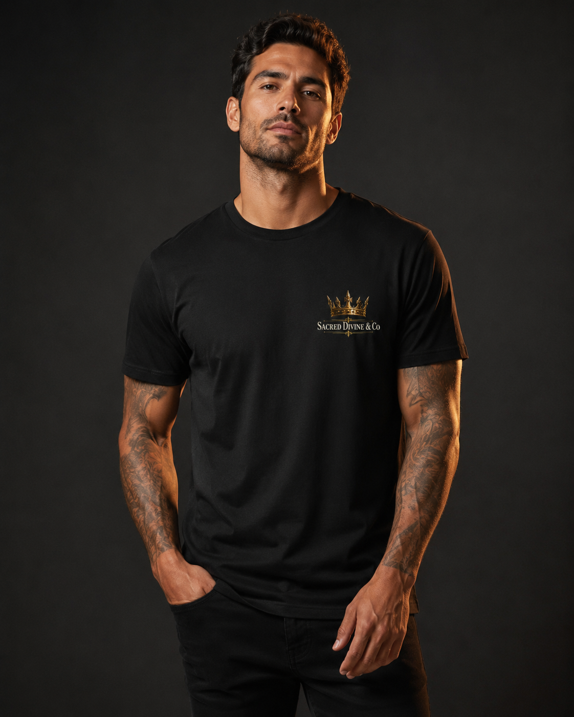 Gold Crown Logo Jersey Tee black front lifestyle — model wearing tee with Sacred Divine & Co. gold crown logo left chest graphic