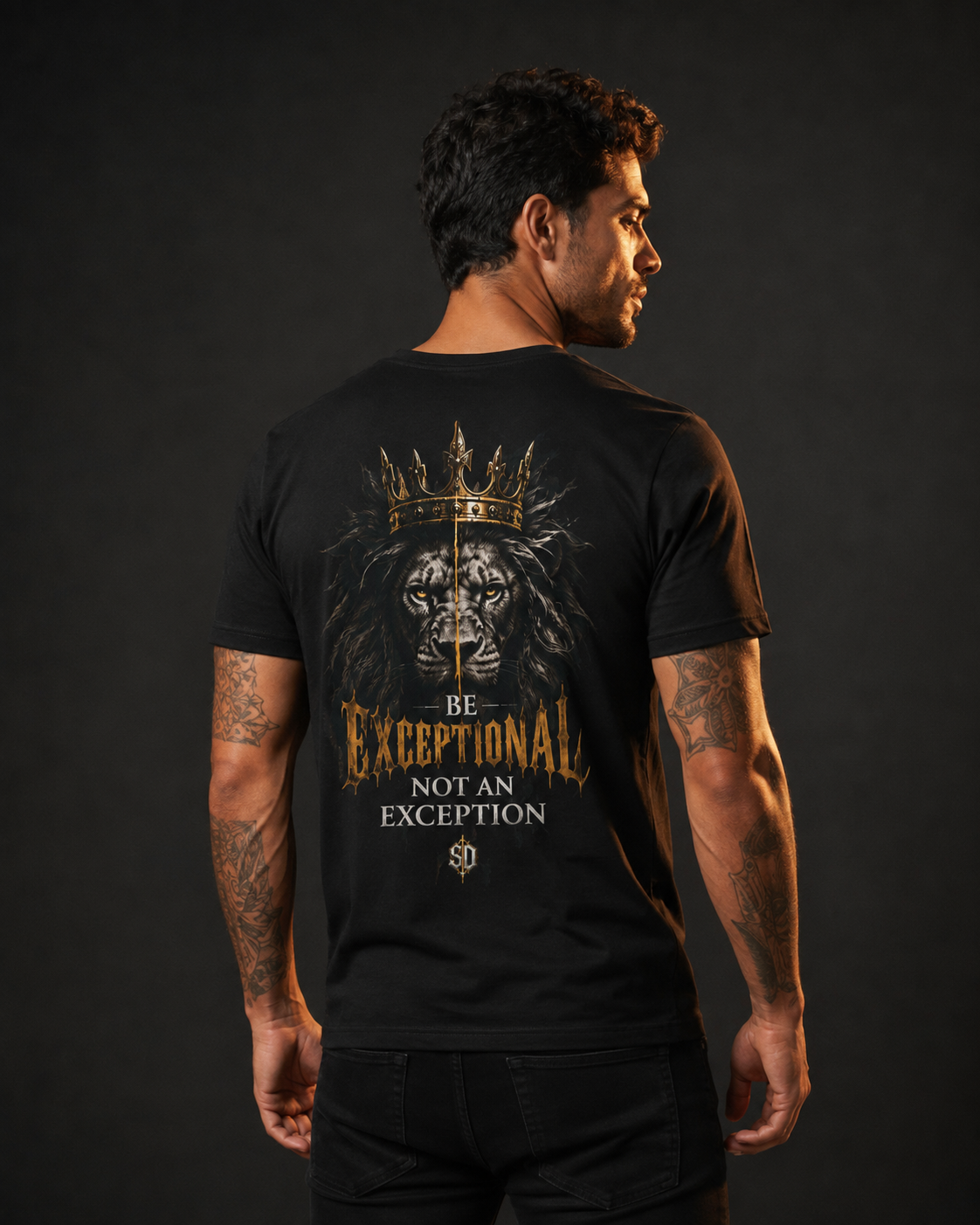 Gold Crown Logo Jersey Tee black back lifestyle — model wearing tee with Sacred Divine & Co. gold crown logo left chest graphic