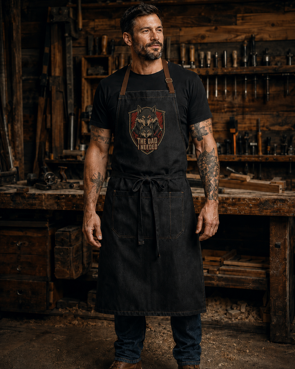 Sacred Divine & Co. Wolf Pack Shield Bib Apron — The Dad I Needed Dark Luxury Grill Apron